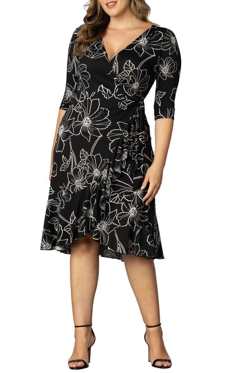 Kiyonna Flirty Flounce Wrap Dress, Main, color, Black Florals