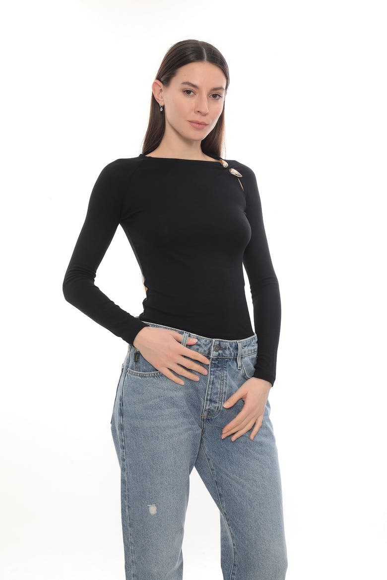 Gold Detail Long Sleeve Stretch Cielo Top, Alternate, color, Black