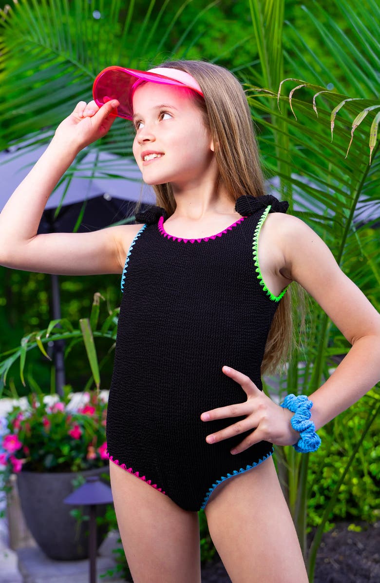 Limeapple Crinkle Bow Tie One Piece, Alternate, color, Black