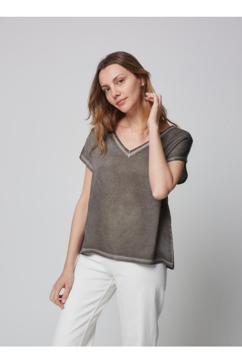 Hand-Dyed Linen Silk Semi-Relaxed V-Neck, Alternate, color, MILITAIRE