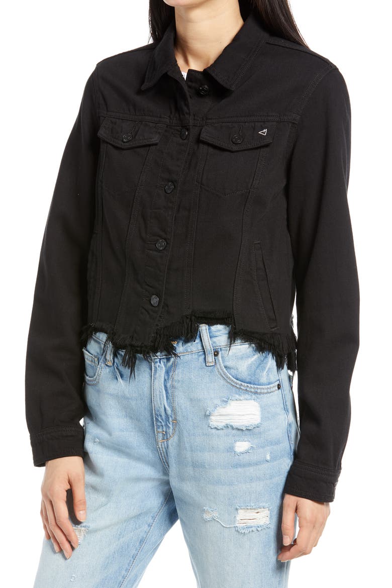 Fray Hem Denim Trucker Jacket, Alternate, color, BLACK