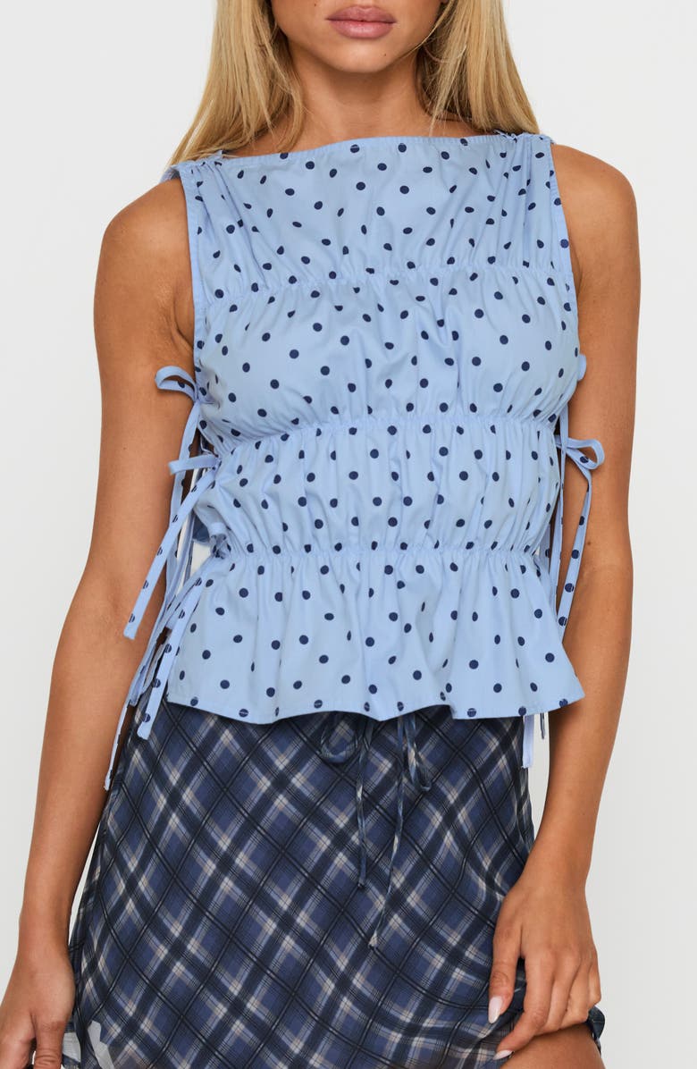 Princess Polly Endless Summers Tie Side Sleeveless Top, Main, color, Blue Polka Dot