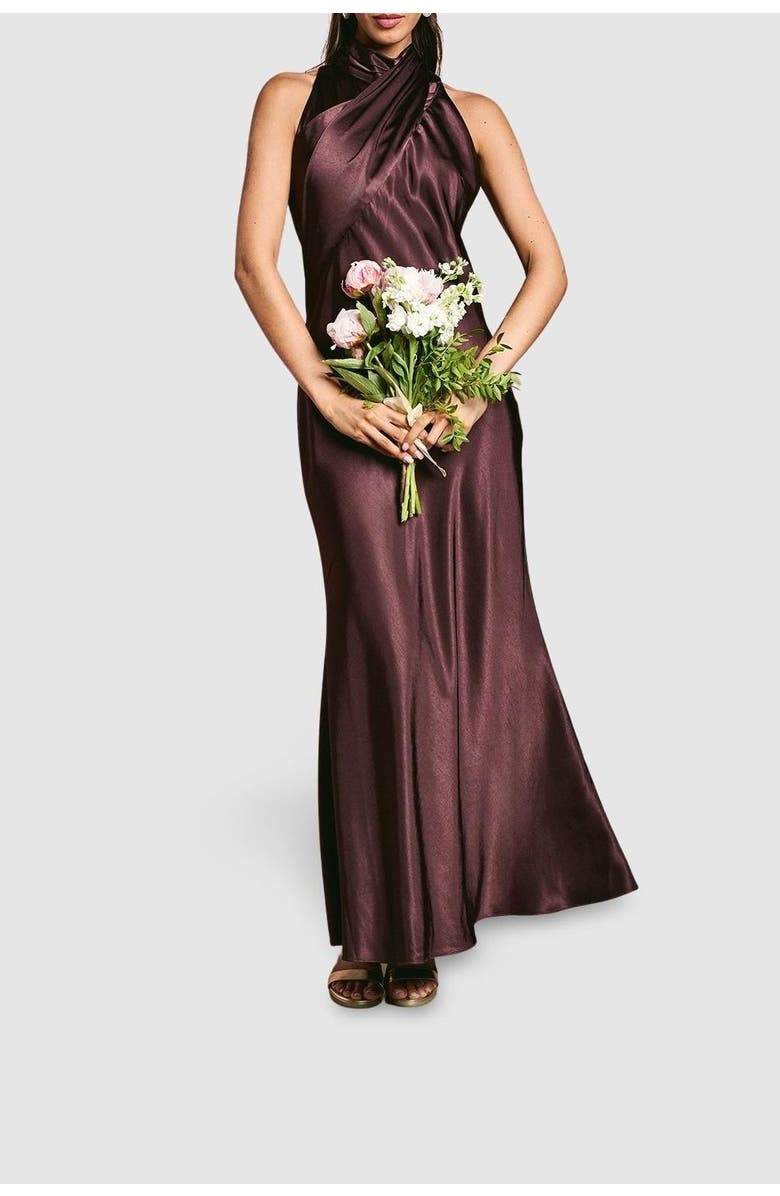 Coast Satin High Neck Fishtail Maxi Dress, Alternate, color, Espresso