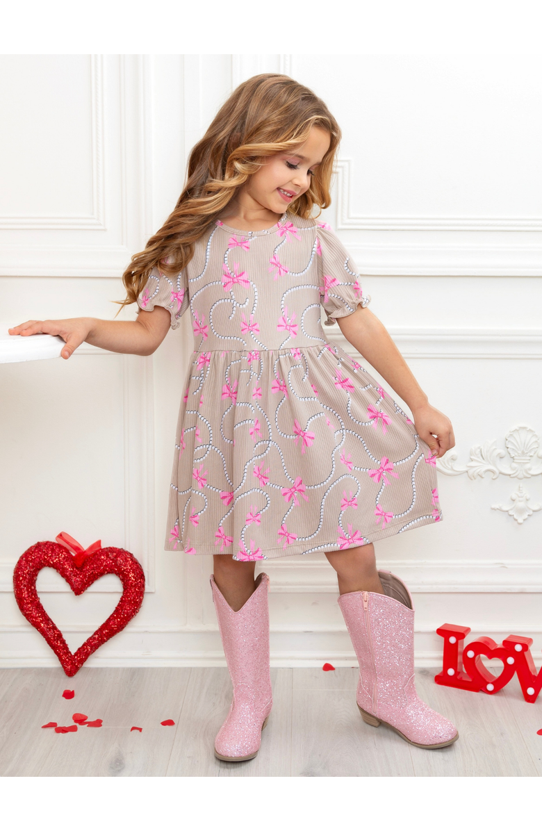 Mia Belle Girls Bow Charm Puff Sleeve Dress, Alternate, color, Beige