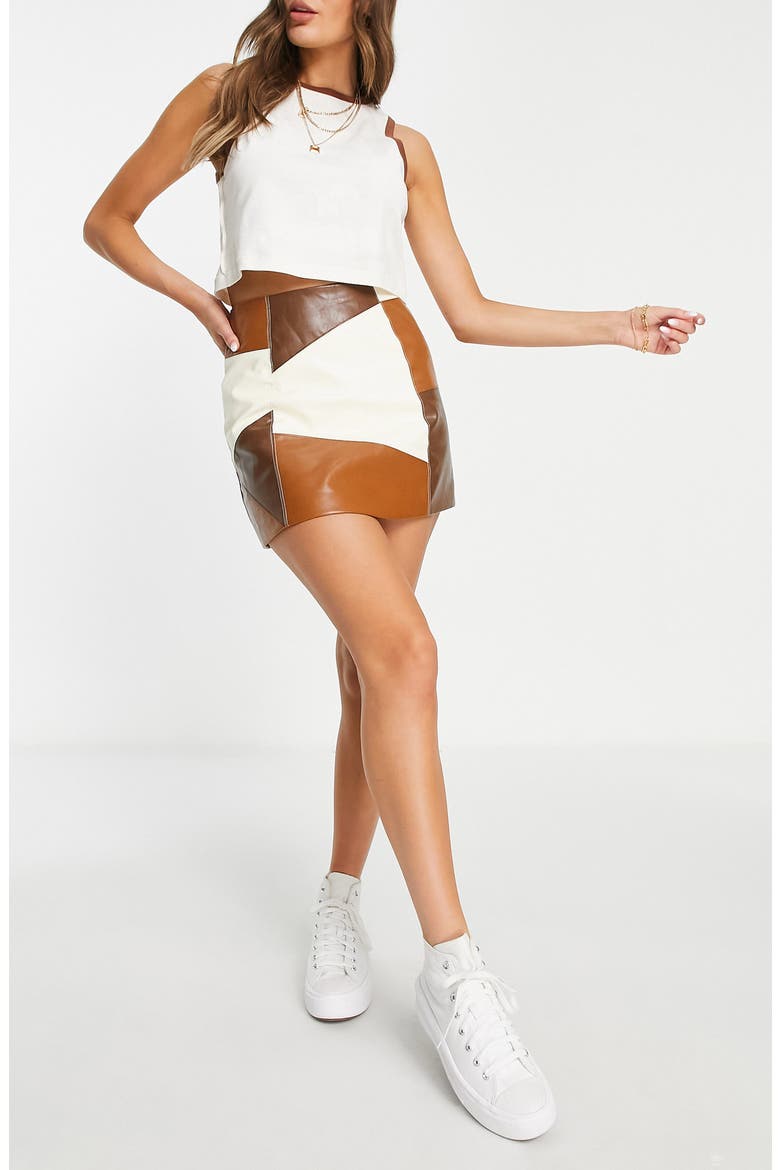 Patchwork Faux Leather Miniskirt, Main, color, WHITE MULTI
