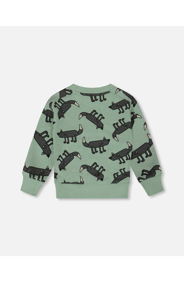 Deux par Deux Boy's Printed Pullover French Terry Sweatshirt Gray Wolf On Teal Background, Alternate, color,