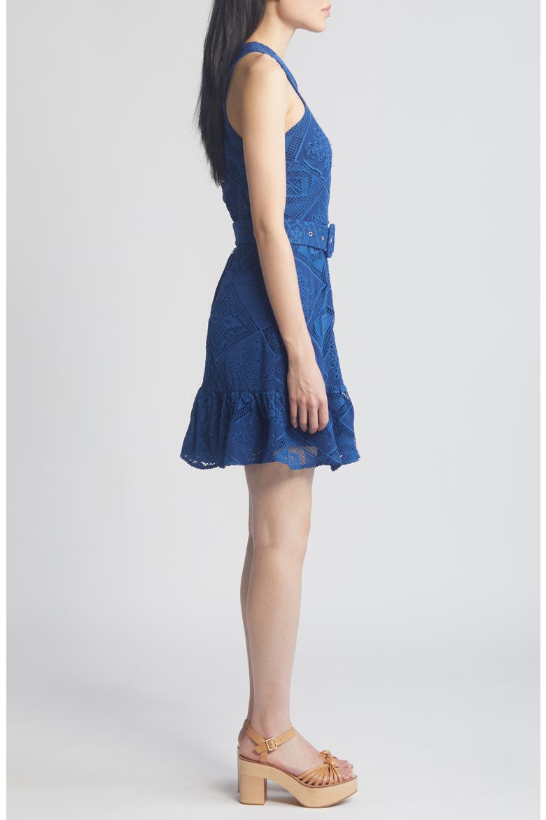 Braylee Lace Eyelet Belted Sleeveless Minidress, Alternate, color, NAVY