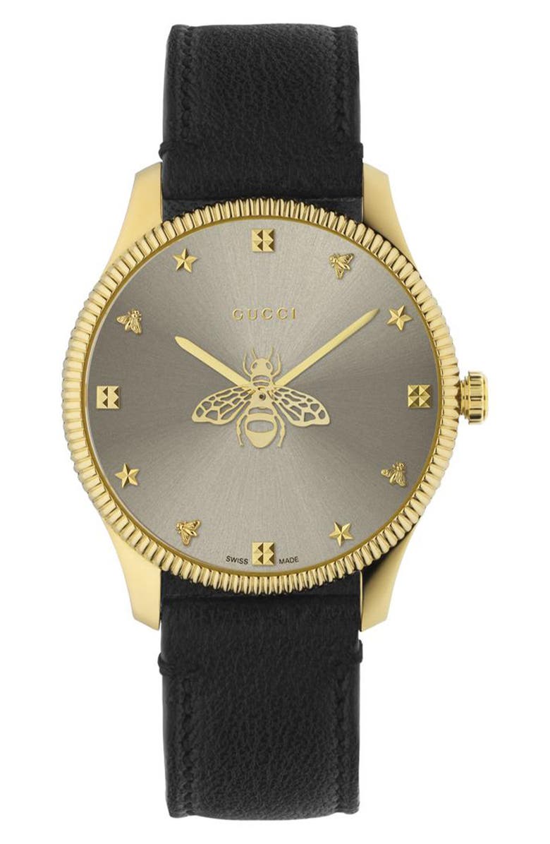 Gucci G-Timeless Bee Leather Strap Watch, 36mm, Main, color, Gold/ Black