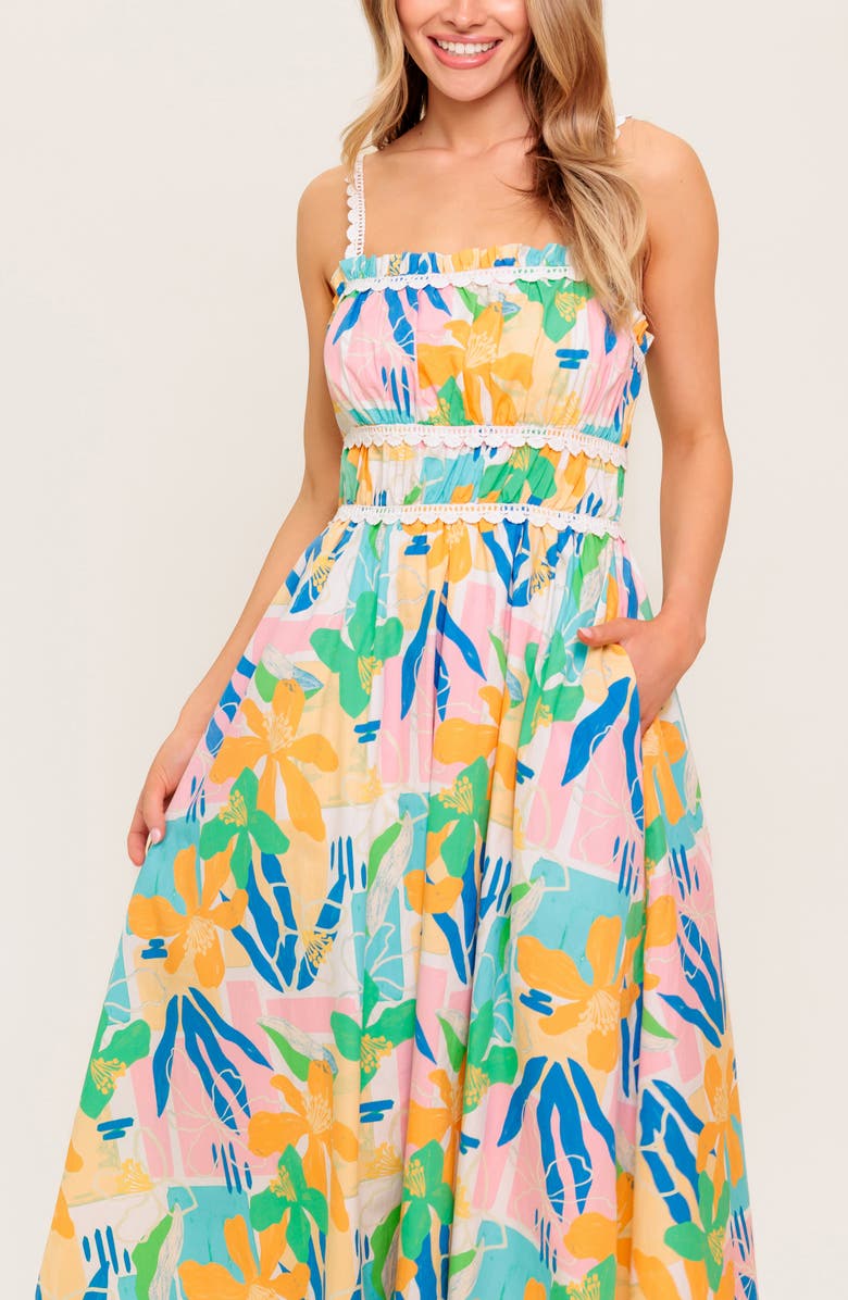 FLYING TOMATO Crochet Strap Fit & Flare Waist, Alternate, color, Pink/ Blue Multi