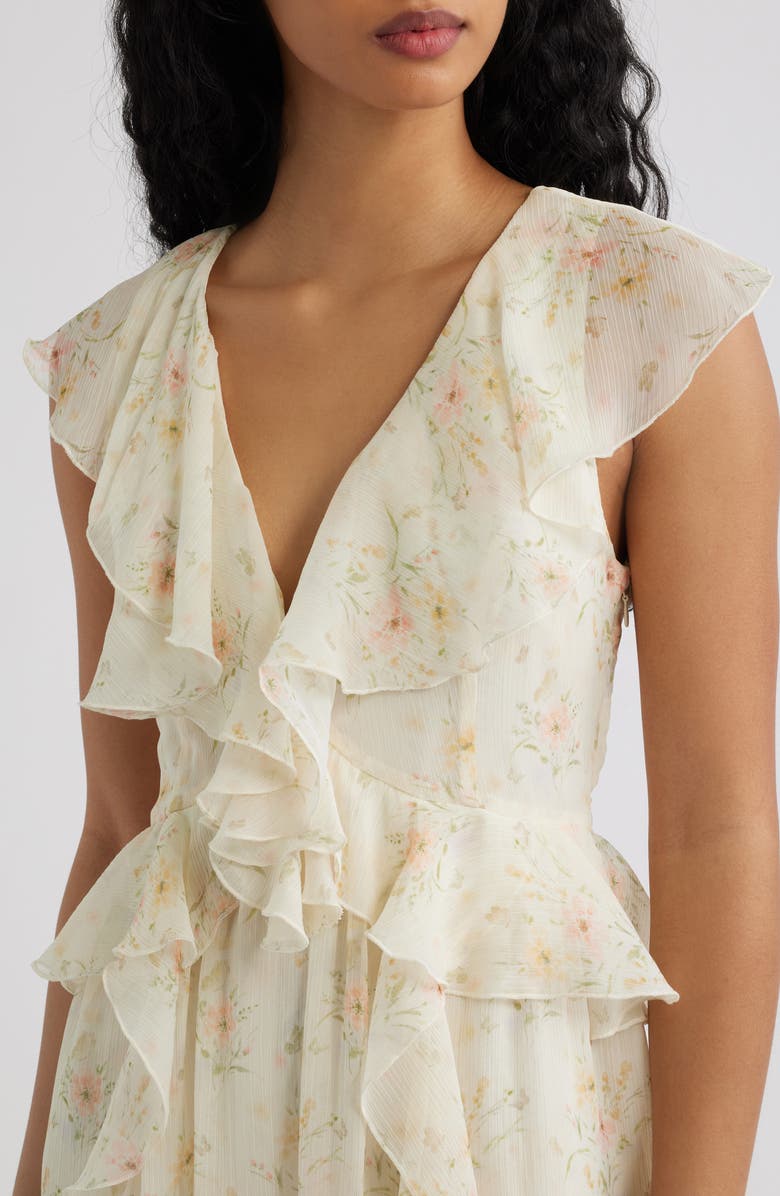 Lulus Bea Cascade Ruffle Midi Dress, Alternate, color, Ivory Multi
