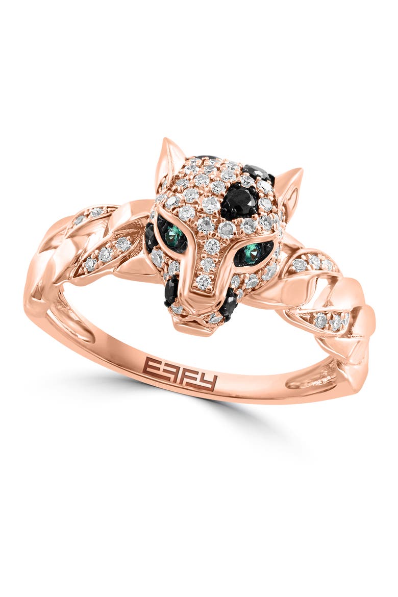 14K Rose Gold Black Diamond & Emerald Panther Head Ring, Main, color, 14K Gold