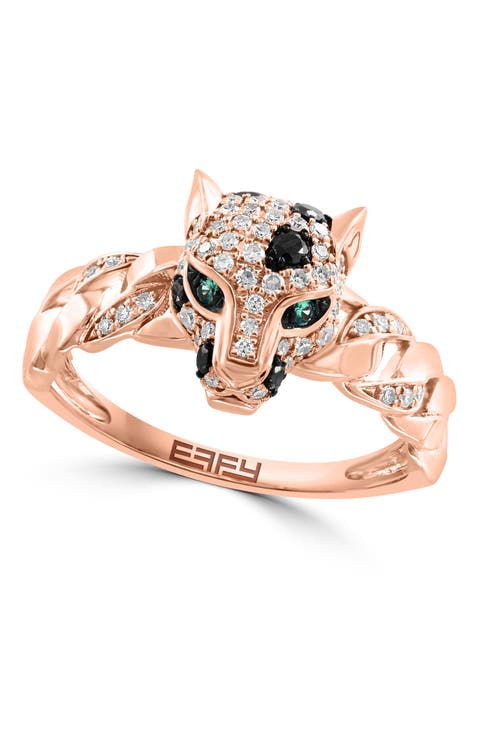 14K Rose Gold Black Diamond & Emerald Panther Head Ring