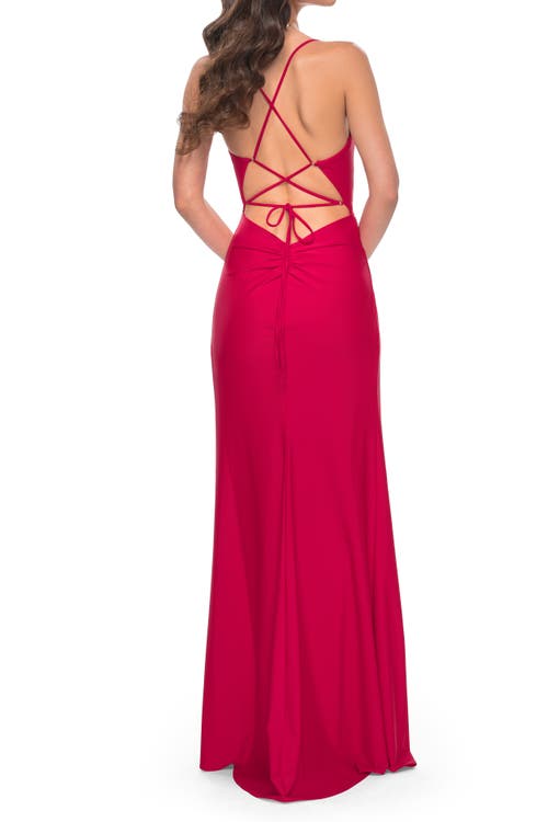 La Femme Simple Jersey Dress With Ruching And Slit In Red