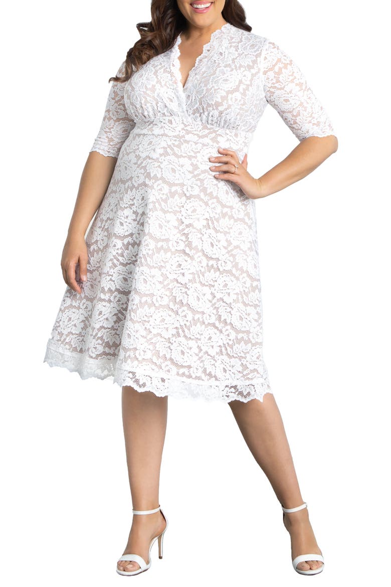 Bella Lace Fit & Flare Dress, Main, color, WHITE WITH CHAMPAGNE LINING