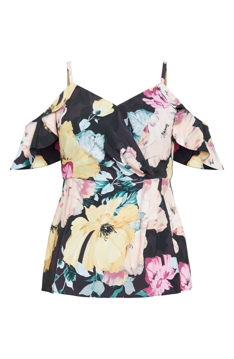 City Chic Kallie Floral Cold Shoulder Top, Alternate, color, Black Melanie Bloom