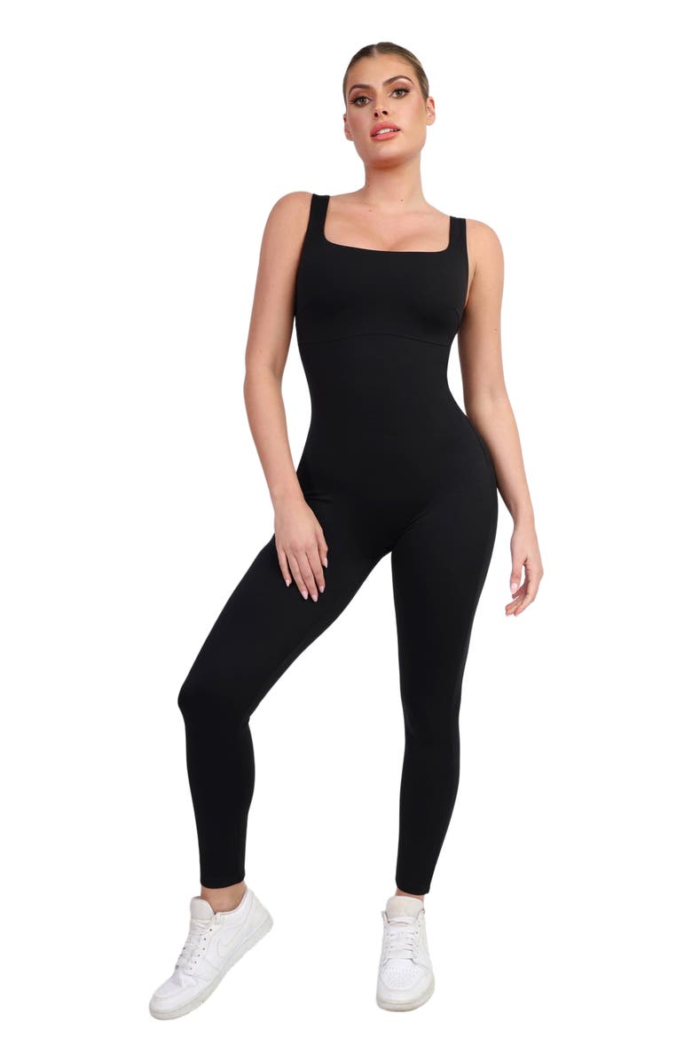 Popilush Shapewear Square Neck Thigh Slimming Workout Jumpsuit, Main, color, Midnight Black