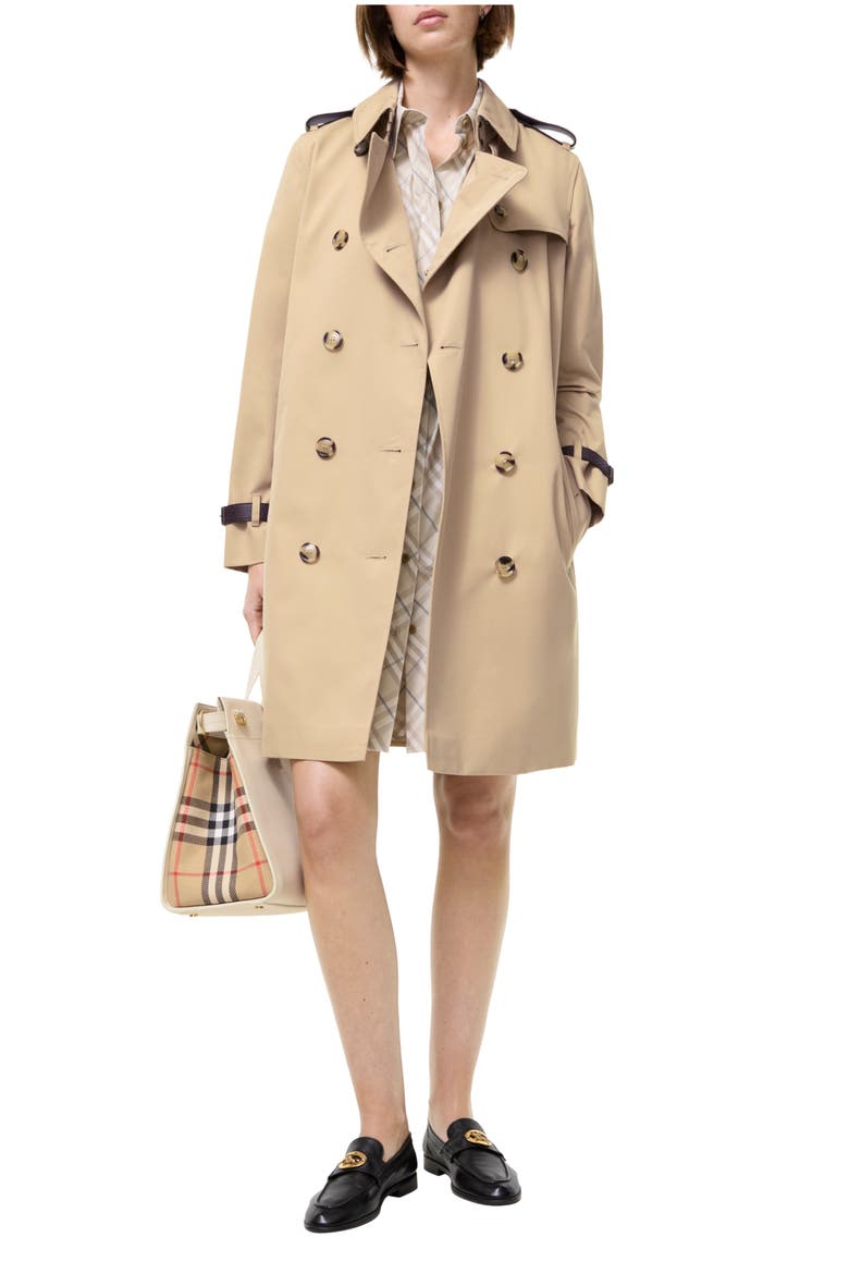 Mid-length Leather Trim Kensington Trench Coat, Main, color, Honey beige