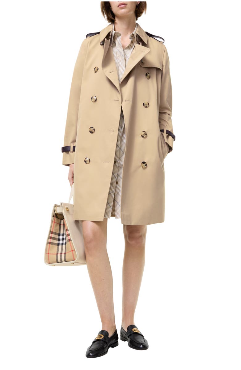 Burberry Mid-length Leather Trim Kensington Trench Coat, Main, color, Honey Beige