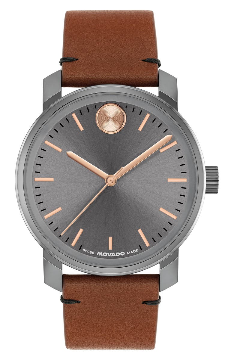 Movado Bold Access Leather Strap Watch, 41mm, Main, color, Gray Dial