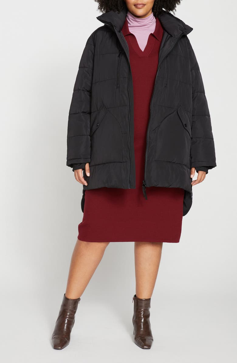 Universal Standard Matterhorn Hooded High-Low Puffer Coat, Main, color, Black