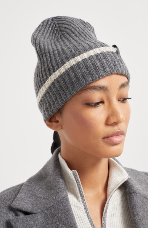 Brunello Cucinelli Contrast Cashmere Beanie In Lead