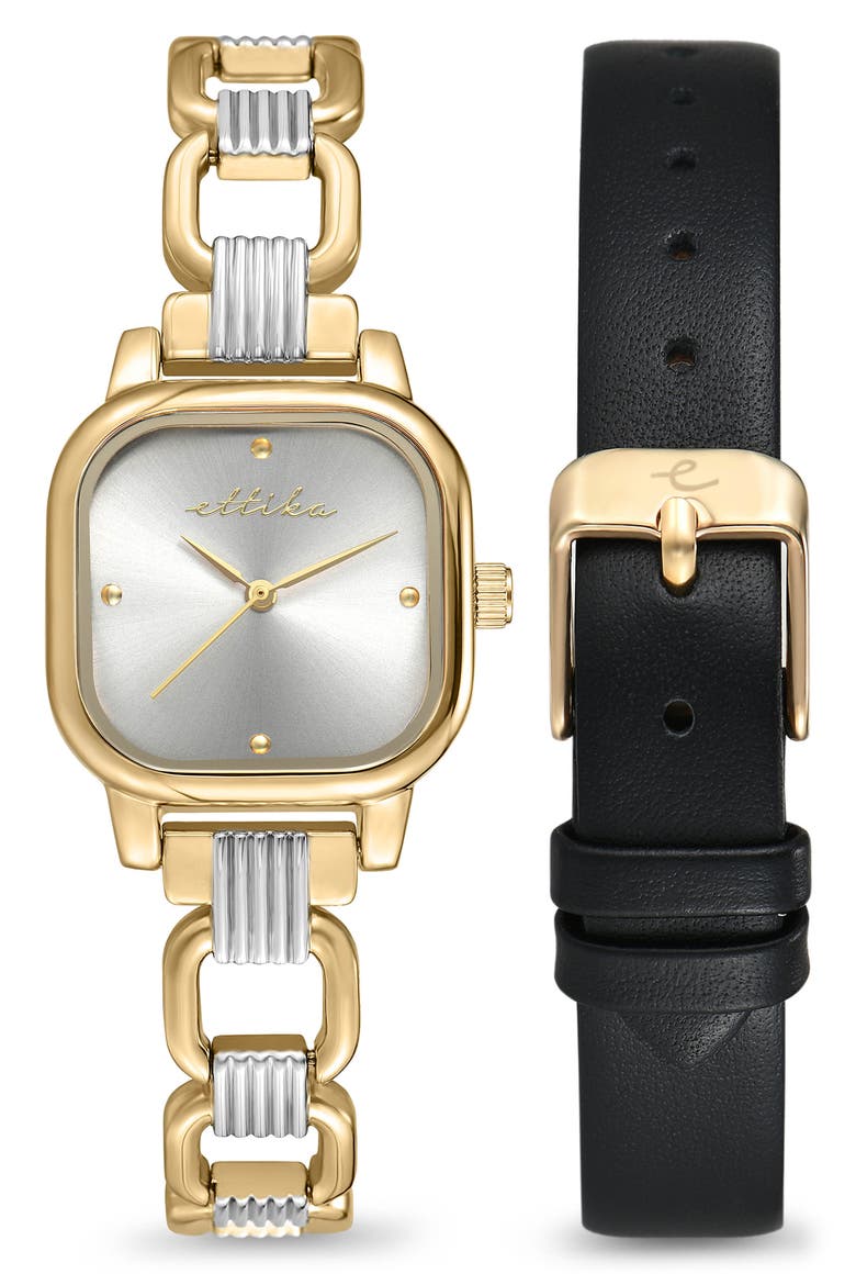 Classic Square Bracelet Watch & Leather Strap Set, Main, color, BLACK