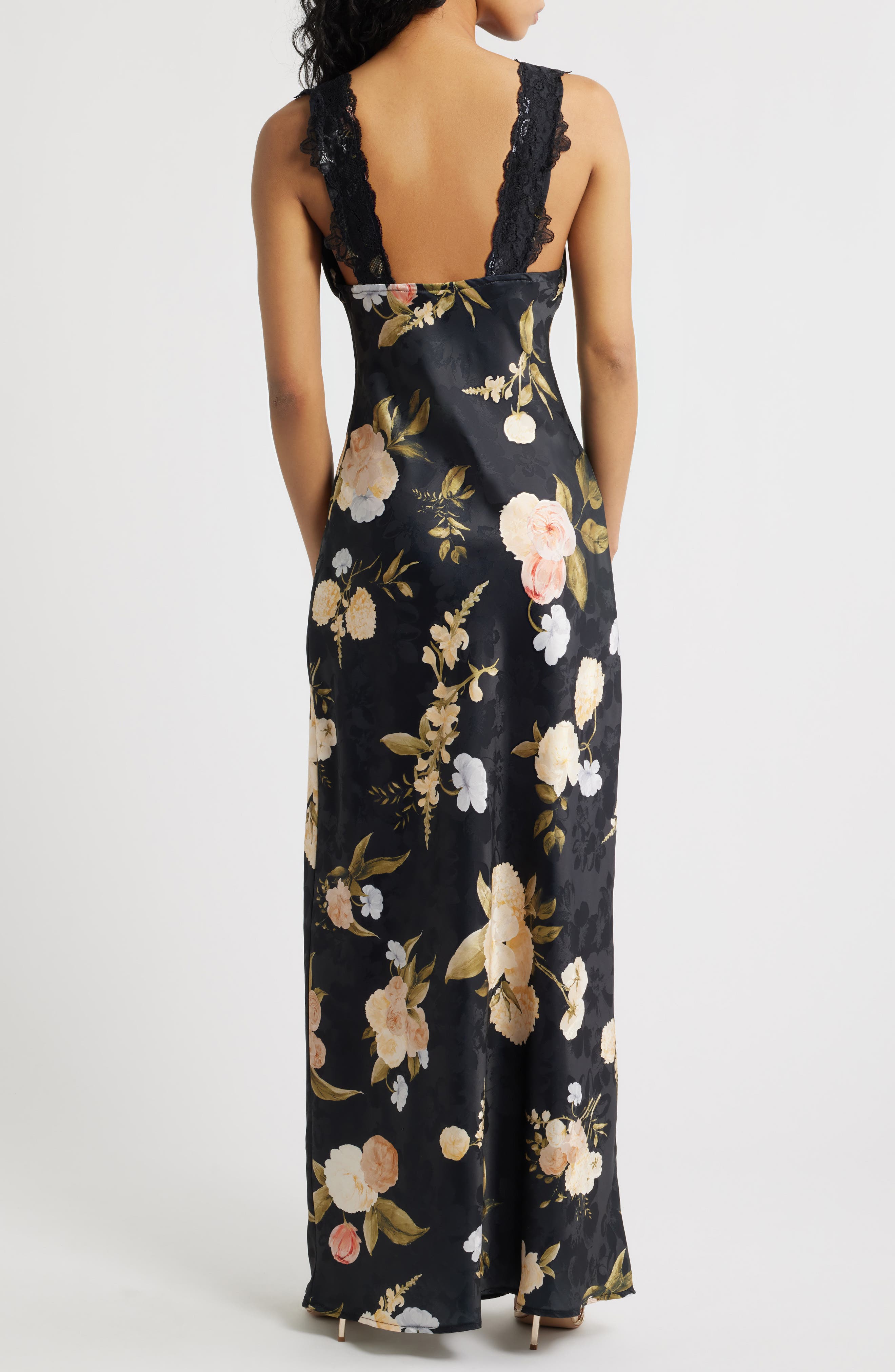 black floral slip dress Liz Floral Petal Long Slip Dress
