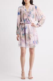 BOSS Print Long Sleeve Faux Wrap Dress