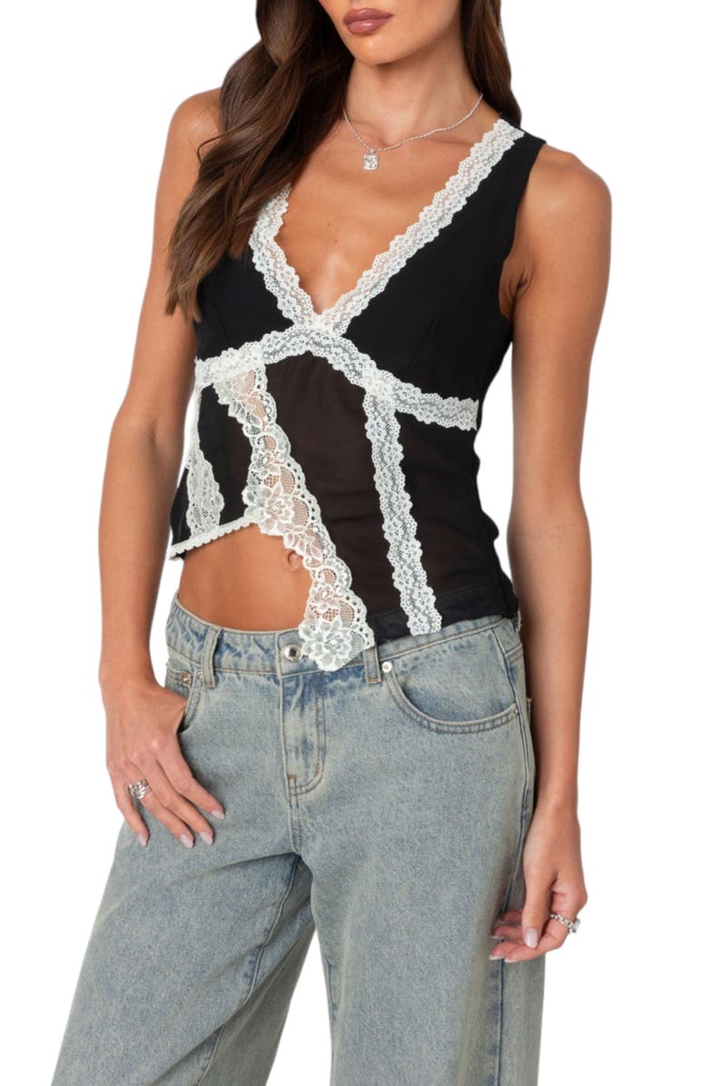 EDIKTED Asymmetric Lace Trim Chiffon Tank Top, Alternate, color, Black-And-White