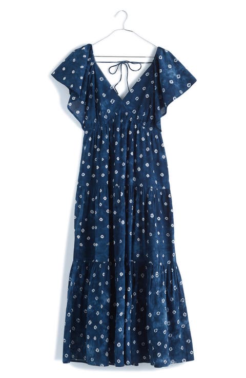 Shibori Tie Back Tiered Cotton Midi Dress