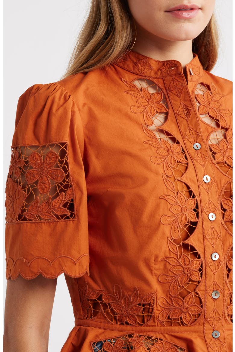 Elizabeth Openwork Lace Short Sleeve Button-Up Shirt, Alternate, color, CINNAMON