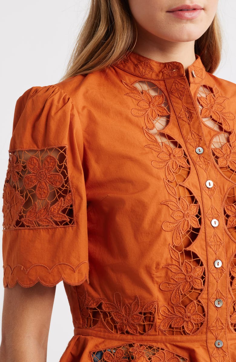 LOVE THE LABEL Elizabeth Openwork Lace Short Sleeve Button-Up Shirt, Alternate, color, Cinnamon