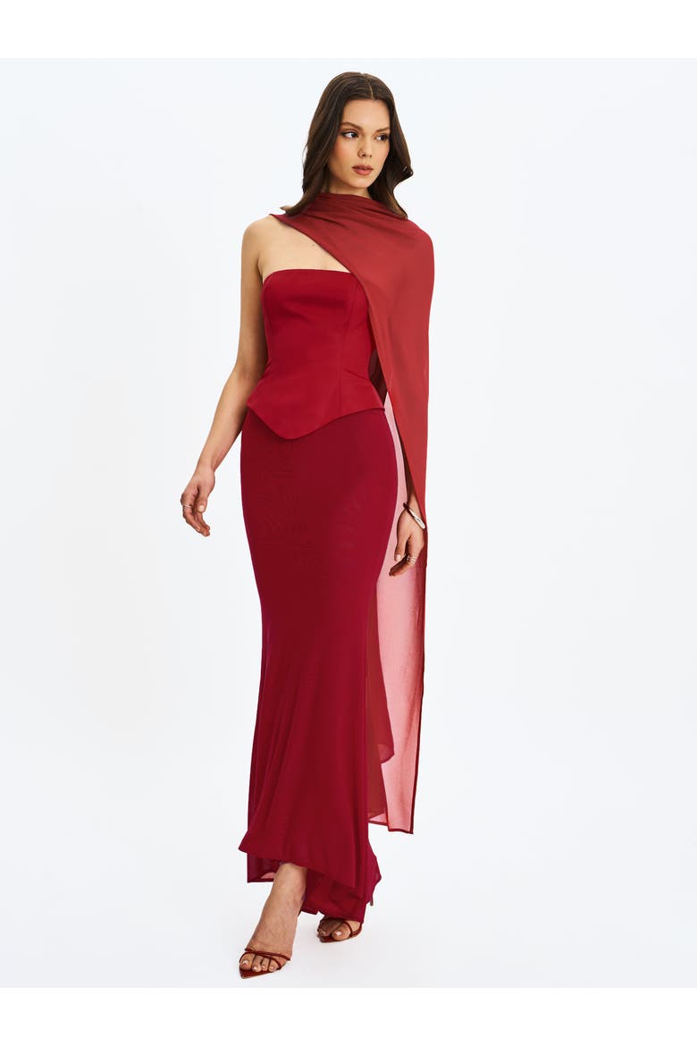 Giselle Peplum Mermaid Gown with Chiffon Scarf, Alternate, color, Crimson