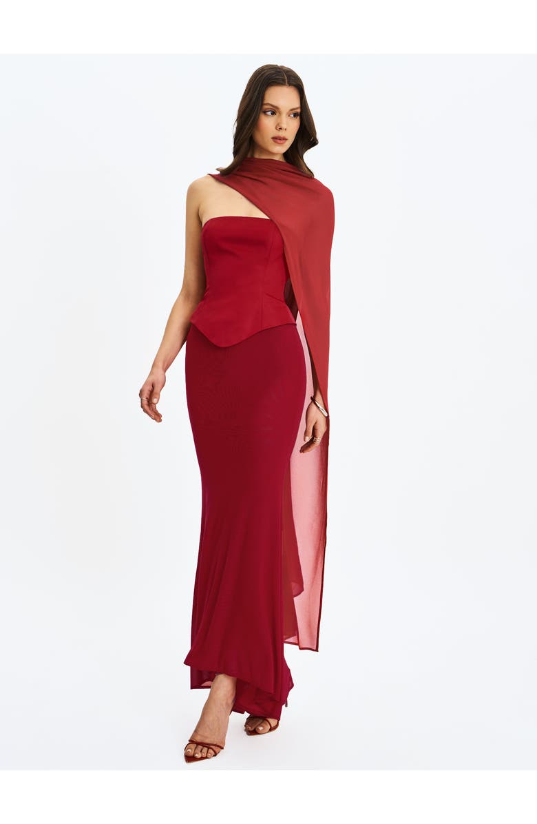 Miss Circle Giselle Peplum Mermaid Gown with Chiffon Scarf, Alternate, color, Crimson