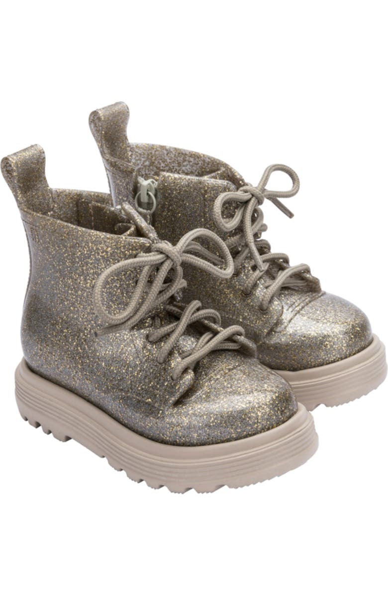 Mini Melissa Kids' Coturno Combat Boot, Main, color, Beige/ Golden Glitter