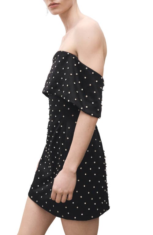 Shop Mango Rhinestone Off-the-shoulder Minidress In Black