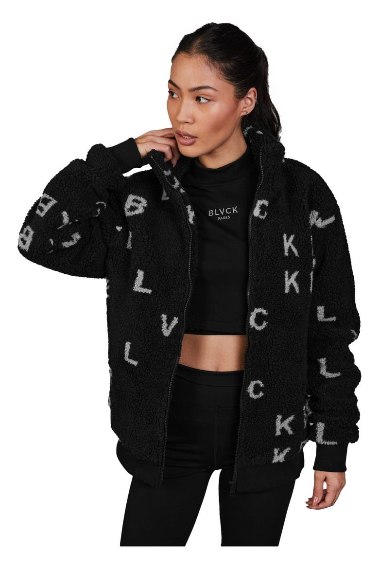 'Monogram' Fleece Jacket, Main, color, Black