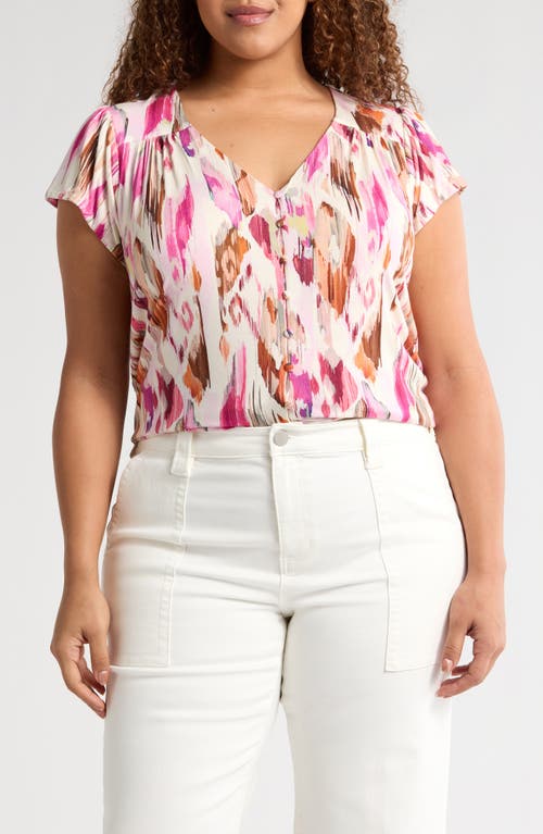 Liverpool Los Angeles Flutter Sleeve Knit Button-up Shirt In Pink Printed Ikat