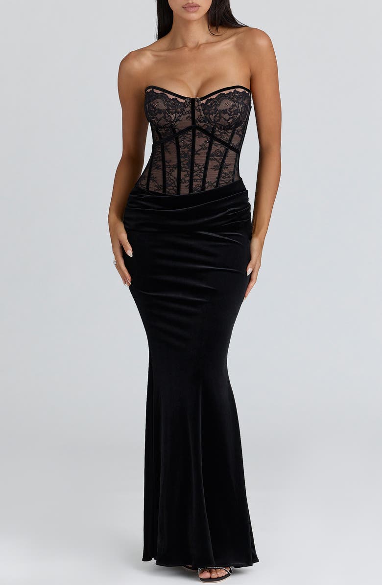HOUSE OF CB Ayana Strapless Lace & Velvet Mermaid Gown & Bolero Set, Alternate, color, Black