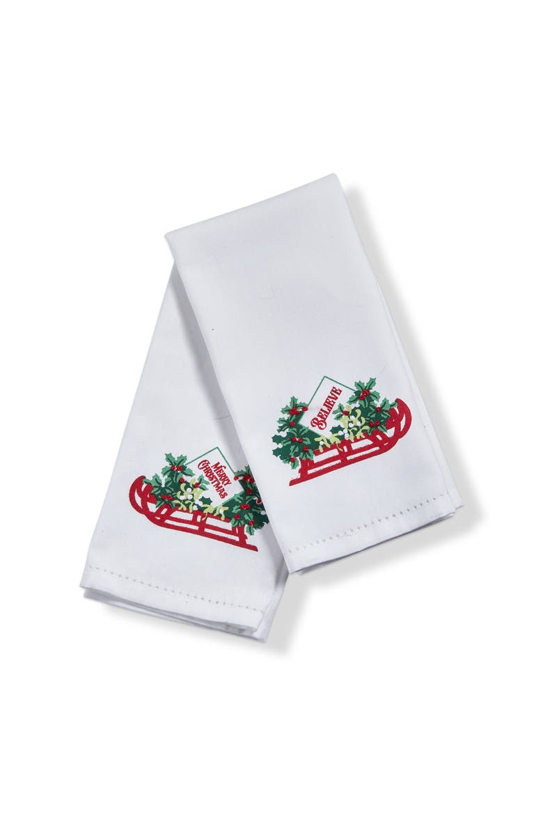 Holly Leaf Sled Christmas Guest Towel Multicolor Cotton, Main, color, White