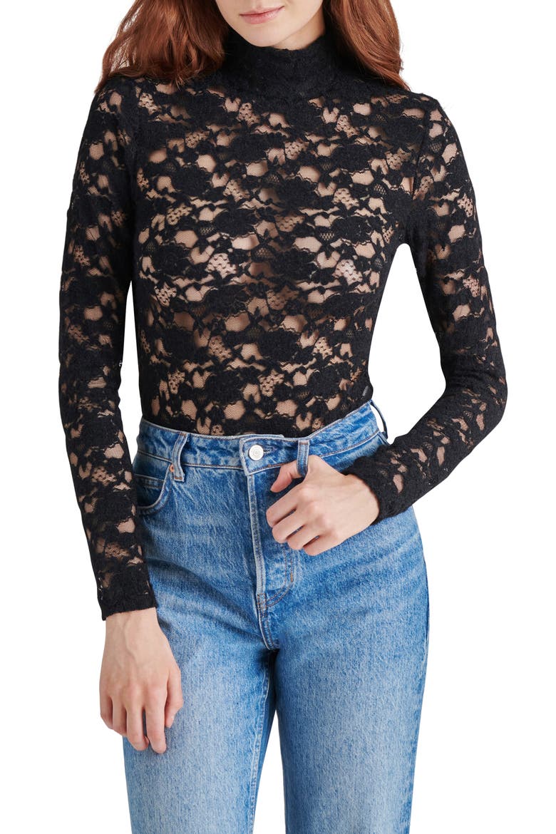 Cassi Lace Long Sleeve Bodysuit, Main, color, BLACK