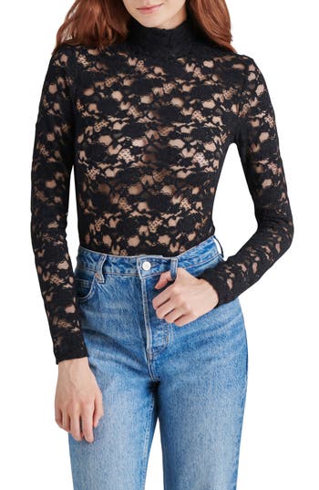 Steve Madden Cassi Lace Long Sleeve Bodysuit In Black