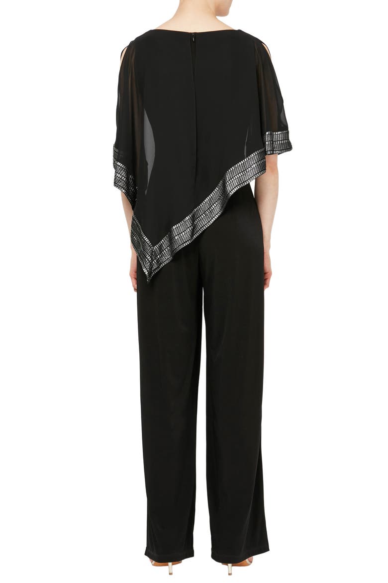 Foil Trim Asymmetric Popover Capelet Jumpsuit, Alternate, color, BLACK
