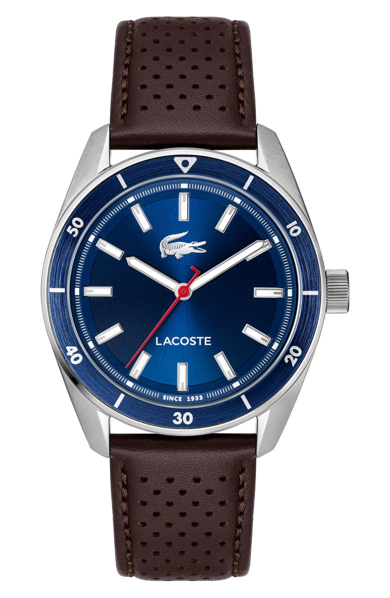 Lacoste Boston Leather Strap Watch, 39mm, Main, color, Brown