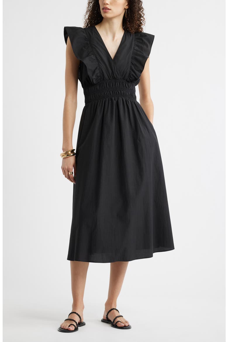Flutter Sleeve Smocked Waist Midi Dress, Main, color, BLACK
