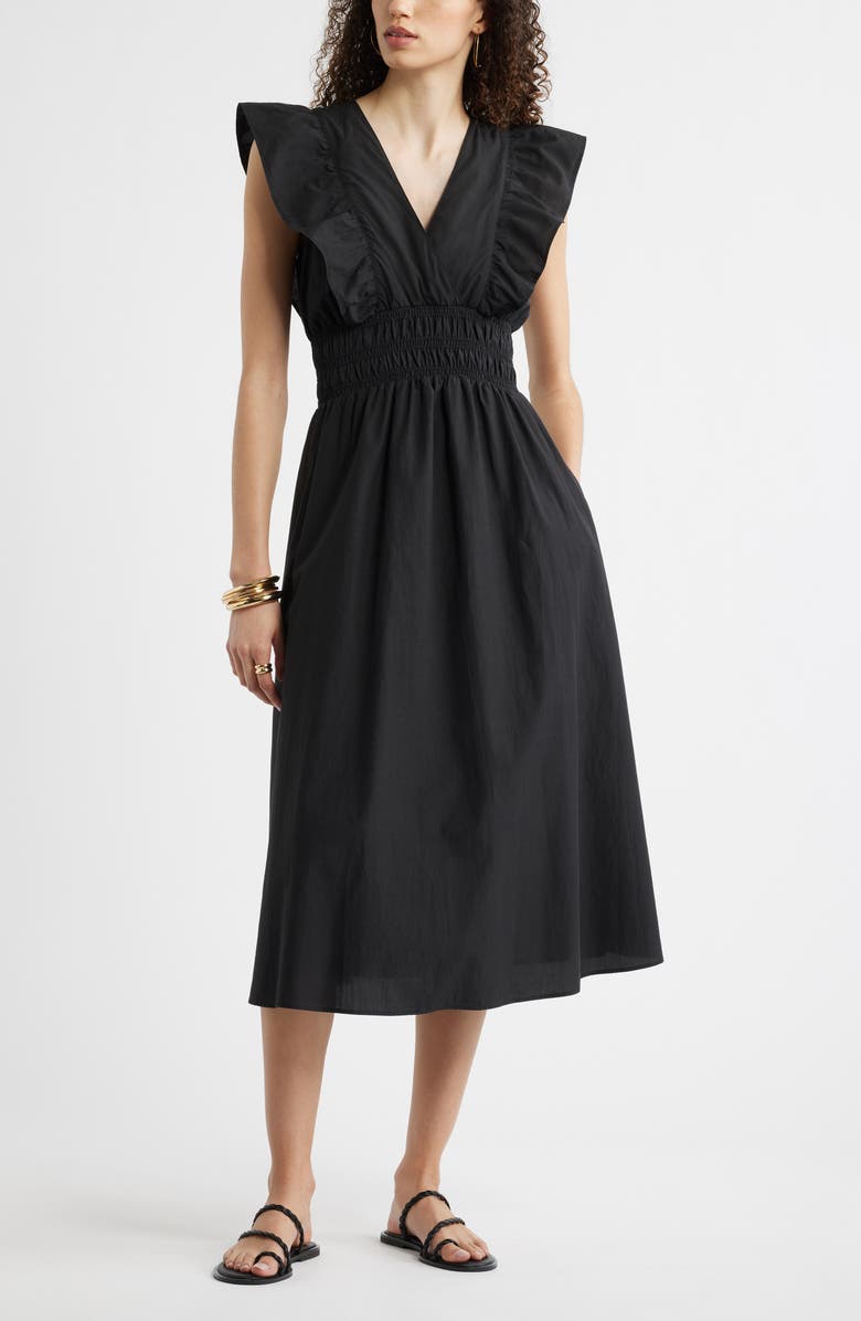 Nordstrom Flutter Sleeve Smocked Waist Midi Dress, Main, color, Black