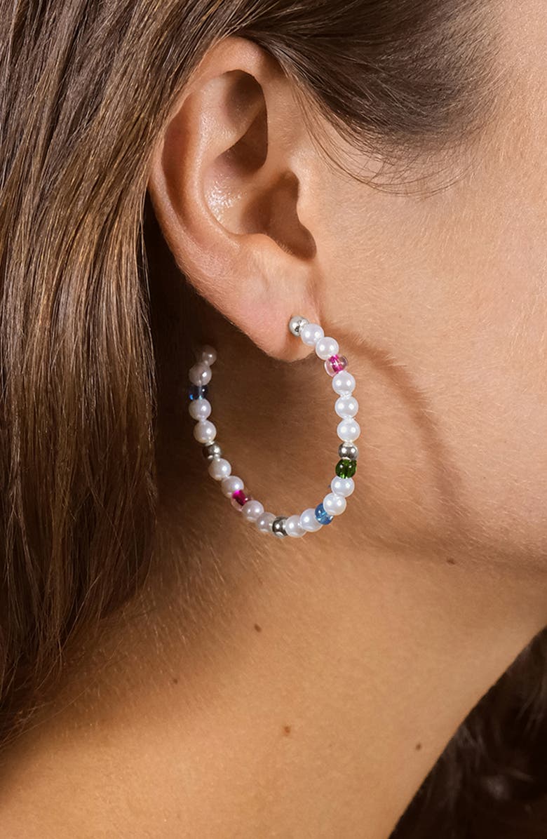 Sterling Forever Polly Cultured Pearl & Bead Hoop Earrings, Alternate, color, Silver