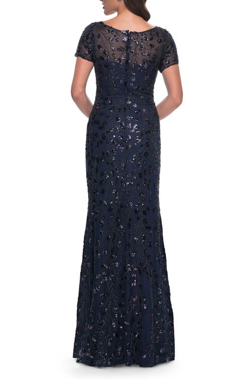 La Femme Beaded Sequin Chic Evening Dress With Illusion Top And Short Sleeves In Navy