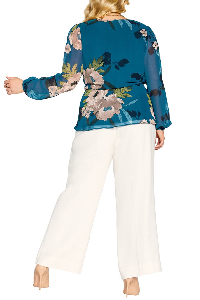 Maya Faux Wrap Blouse, Alternate, color, TEAL BOLD BLOOM
