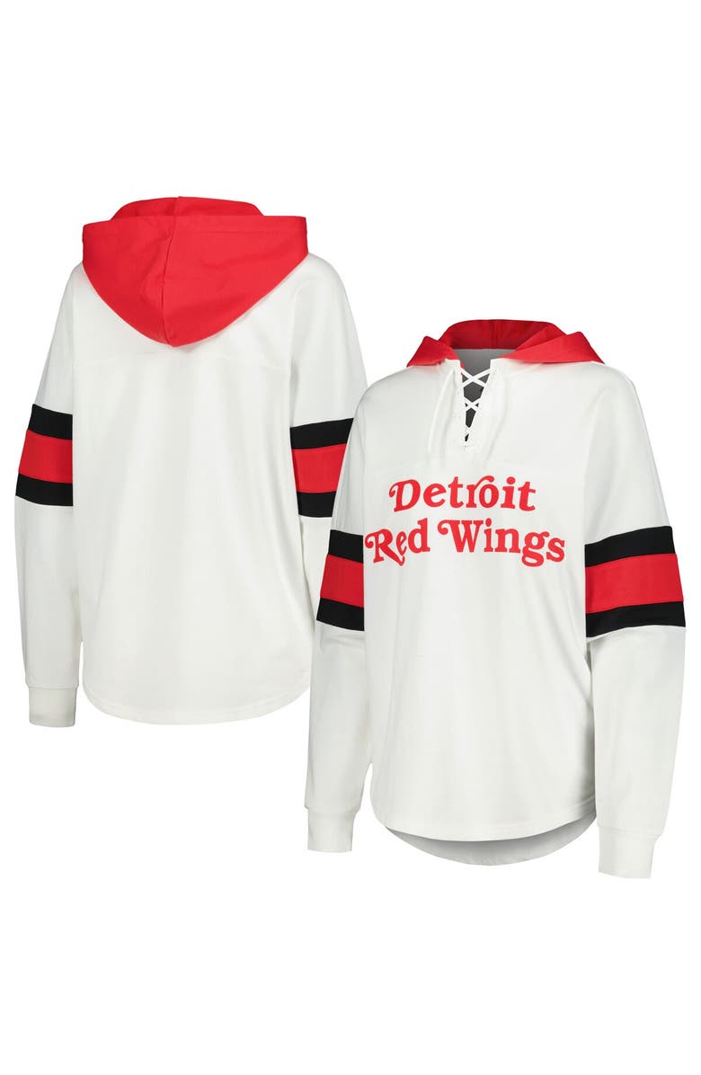 G-III 4HER BY CARL BANKS Women's G-III 4Her by Carl Banks White/Red Detroit Red Wings Goal Zone Long Sleeve Lace-Up Hoodie T-Shirt, Main, color, White